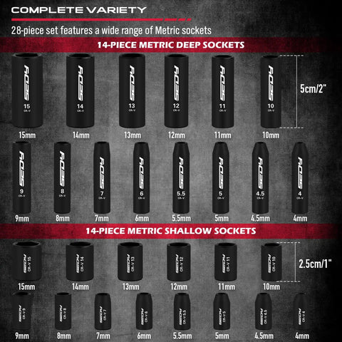Image showing 14-piece metric deep and shallow sockets from 4mm to 15mm for 64 Piece One Quarter Inch Drive Impact Socket Set With Deep And Shallow Sockets Cr-V And S2 Power Bits Quick Release Ratchet Universal Joint Bit Holder Drill Adapter For Metric And SAE Fasteners Pro Grade Heavy Duty.