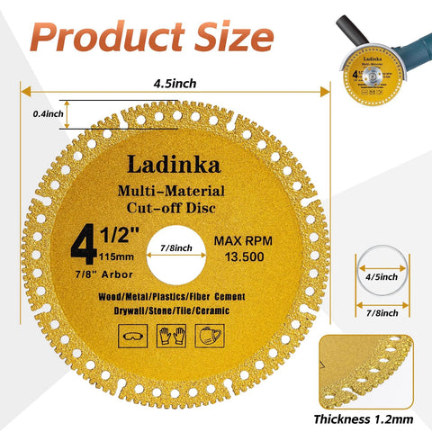 4-pack Ladinka 4.5-inch diamond cut-off discs for angle grinders; metal/tile/stone/concrete 7/8 hole.