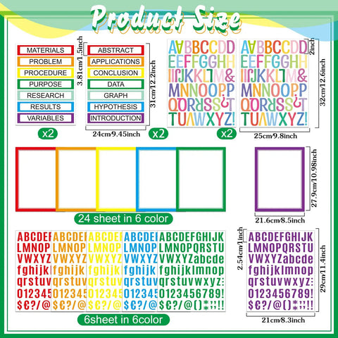 Assorted science fair poster boards kit with 36 sheets, subtitles, title sheets, and colorful letter stickers for classroom displays