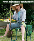 Woman sitting on Foldable Garden Kneeler Seat With Handles And Tool Bags, 2 In 1 Grab-And-Go Lightweight Stool, garden background