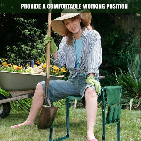 Woman sitting on Foldable Garden Kneeler Seat With Handles And Tool Bags, 2 In 1 Grab-And-Go Lightweight Stool, garden background