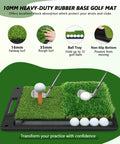 Golf mat with ball teeing area and rough turf, shown with golf balls and clubs. Part of 10 By 7 Foot Golf Practice Net With Center Ring Target.