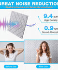 18 Pack Peel and Stick Acoustic Panels for Walls, Self Adhesive Sound Absorbing Foam Tiles to Cut Echo and Reverb, Noise Reducing Wall Covers for Home Studios, Gaming Rooms, and Bedrooms, Easy DIY Install, 12 Inch Squares showing noise reduction effects.