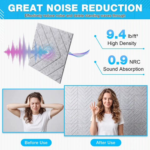 18 Pack Peel and Stick Acoustic Panels for Walls, Self Adhesive Sound Absorbing Foam Tiles to Cut Echo and Reverb, Noise Reducing Wall Covers for Home Studios, Gaming Rooms, and Bedrooms, Easy DIY Install, 12 Inch Squares showing noise reduction effects.