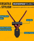 Weatherproof Fire Starter Necklace For Men Handcrafted In USA With Adjustable Leather Knot Design Ideal For Traveling Everyday Carry And Adventures Sparks Up To 6000 Degrees Fahrenheit In Any Weather Gear with mahogany brown leather, ferro rod, and ceramic pendant on orange background.