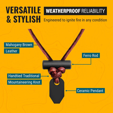 Weatherproof Fire Starter Necklace For Men Handcrafted In USA With Adjustable Leather Knot Design Ideal For Traveling Everyday Carry And Adventures Sparks Up To 6000 Degrees Fahrenheit In Any Weather Gear with mahogany brown leather, ferro rod, and ceramic pendant on orange background.