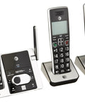 Sleek Black DECT 6.0 Cordless Phone Bundle With Three Handsets And Smart Digital Answering Machine on charging dock.