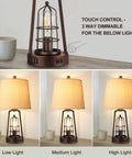 Farmhouse Bedside Lamp With Touch Control And Dimmable Lighting, Industrial Desk Lamp for Bedroom And Living Room, USB Charging Port and Built In Outlet, shown with dimming settings and birdcage design.