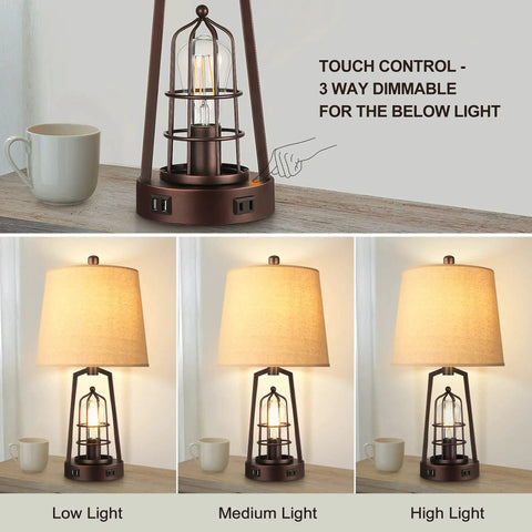 Farmhouse Bedside Lamp With Touch Control And Dimmable Lighting, Industrial Desk Lamp for Bedroom And Living Room, USB Charging Port and Built In Outlet, shown with dimming settings and birdcage design.