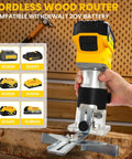 Cordless Wood Router Trimmer For 20V Battery With 6 Speed Settings, 800W Brushless Motor in hand, compatible with Dewalt 20V MAX