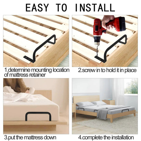 Ditch The Daily Slide, Keep Your Mattress Locked Down With These Heavy Duty Retainer Bars, Black Metal Slide Stopper Brackets For Platform And RV Beds, Easy Install Anti Slip Rails That Hold Fast. Installation guide for anti-slip brackets on wooden frame.