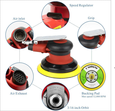 Detailed view of 5 Inch Air Random Orbital Sander With 12000 RPM Beast Performance, showing air inlet, exhaust, grip, and backing pad.