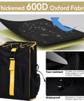 Close-up of a black camping backpack showing thickened 600D Oxford fabric, highlighting tear-resistant and waterproof features.