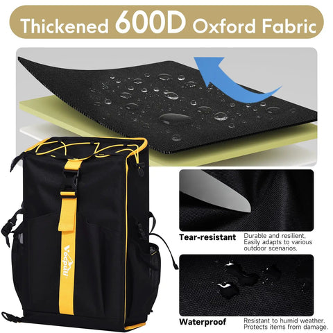 Close-up of a black camping backpack showing thickened 600D Oxford fabric, highlighting tear-resistant and waterproof features.