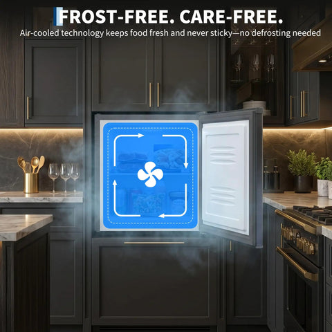 One Point One Cubic Foot Upright Freezer With Single Door And Adjustable Shelf In Matte Black showing frost-free air-cooling technology.
