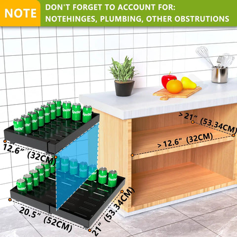 No Sweat Roll Out Cabinet Organizers Two Pack Adjustable Width Storage Bins With Strong Nano Adhesive Tape image showing dimensions and soda cans on slide out shelf.