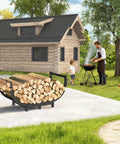 Sturdy Steel Firewood Rack For Indoor And Outdoor Use 32 Inch Log Holder with stacked wood outdoors by a cabin