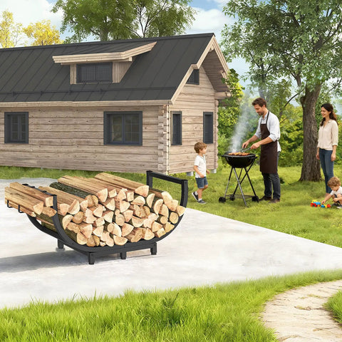 Sturdy Steel Firewood Rack For Indoor And Outdoor Use 32 Inch Log Holder with stacked wood outdoors by a cabin