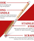 21 Inch Pizza Oven Brush With Scraper Copper Wire Cleaning Brush With Brass Bristles, durable rubber wood handle, side view.