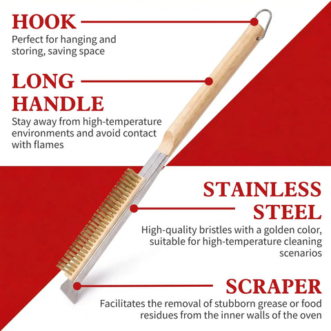 21 Inch Pizza Oven Brush With Scraper Copper Wire Cleaning Brush With Brass Bristles, durable rubber wood handle, side view.