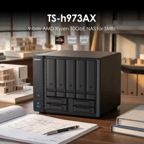 Heavy Duty Nine Bay NAS Server With Blazing Fast AMD Ryzen Quad Core And 32GB RAM showcasing sleek design on wooden desk.