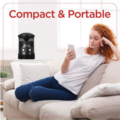 Compact 360 Degree Surround Desk Heater And Fan for Office and Home Use displayed on a couch with a person using a smartphone.