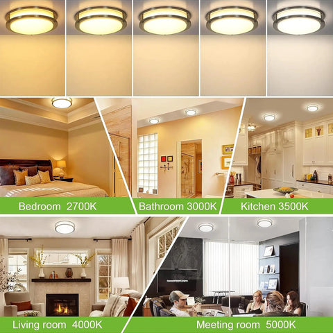10 Inch Flush Mount LED Ceiling Light Fixture in multiple room settings with adjustable color temperatures from 2700K to 5000K
