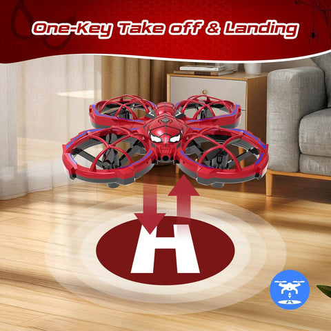 Mini Drone For Kids Beginners Toss To Go RC Quadcopter with LED lights in red spider-pattern hovering indoors
