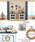 Nautical Twisted Jute Rope Drawer Pulls With Brushed Brass Knobs Set Of 6 shown styled on dresser and close-up details of rope handle.
