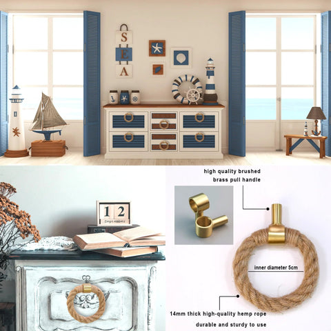 Nautical Twisted Jute Rope Drawer Pulls With Brushed Brass Knobs Set Of 6 shown styled on dresser and close-up details of rope handle.