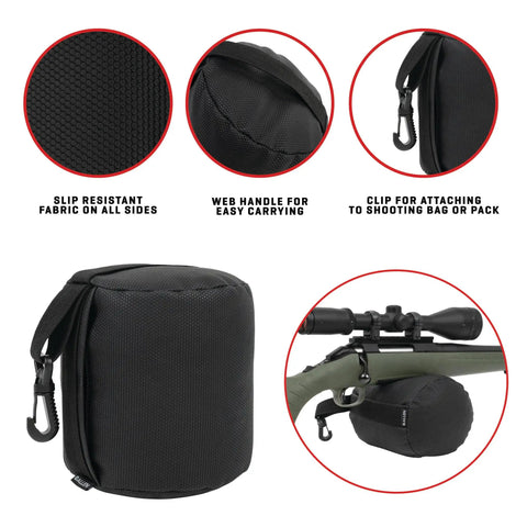 Eliminator Cylinder Front Bag Filled For Shooting Stability, Grab And Go Portable Web Handle, All Side Slip Resistant Grip, Durable Clip Attachment For Quick Setup, Black