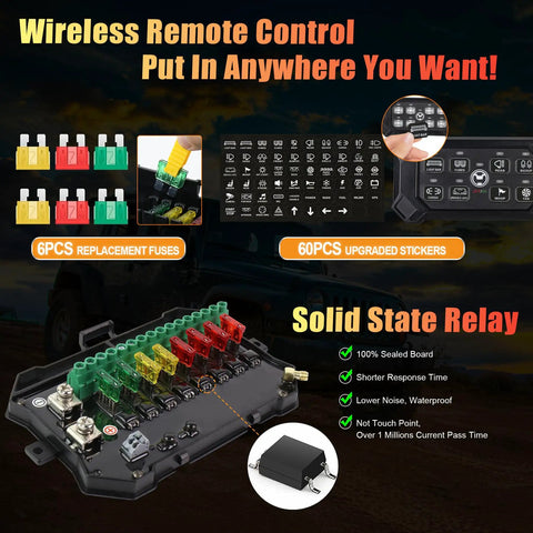 8 Gang Wireless Switch Panel With Remote Control Pod; includes replacement fuses and stickers, ideal for off-road use.