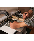 Person using Router Table Coping Sled Kit With Sacrificial Backing Board And Adjustable Fence Guide Spacers Includes Toggle Clamp