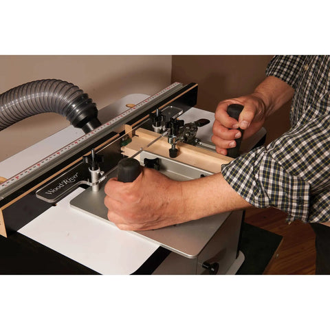 Person using Router Table Coping Sled Kit With Sacrificial Backing Board And Adjustable Fence Guide Spacers Includes Toggle Clamp