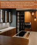 Modern kitchen interior with wooden cabinets, glass displays, and pendant lighting.