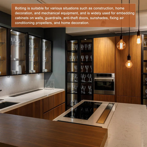 Modern kitchen interior with wooden cabinets, glass displays, and pendant lighting.