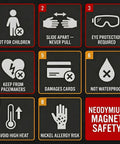 Neodymium Magnet Safety guidelines including warnings for children and pacemakers, and eye protection required.