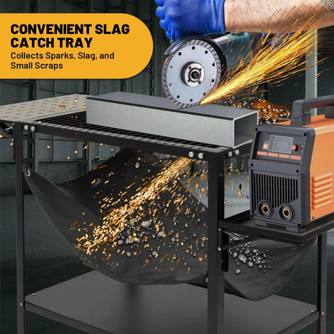 Beefy Plasma Cutting Table For Heavy Duty Workshops 32 In High By 21 In Wide By 30 In Long Carbon Steel Workbench With Replaceable Slats Folding Side Shelf Fire Resistant Scrap Tray 250 Lbs Load Capacity, showing slag catch tray in use.