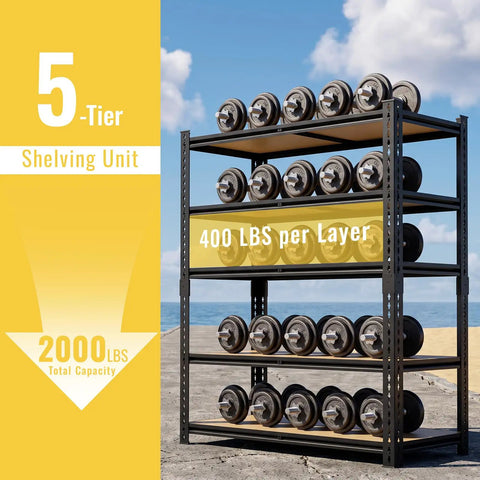 Beefy 5 Tier Garage Shelving System With Adjustable Spacing And 2000 Lbs Total Capacity 500 Lbs Per Shelf, steel storage rack