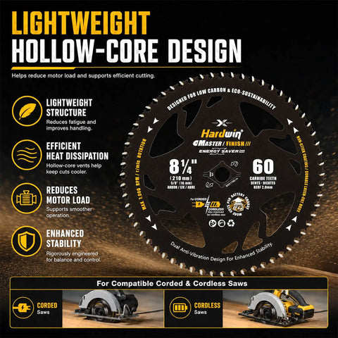 Lightweight 8-1/4 Inch Table Saw Blade With Sixty Carbide Tips And Thin Kerf Profile, designed for efficient cutting.