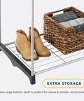 Bottom shelf of Double Rod Freestanding Closet Organizer with shoes and basket, part of silver steel rack for clothes, shoes, accessories
