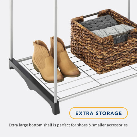 Bottom shelf of Double Rod Freestanding Closet Organizer with shoes and basket, part of silver steel rack for clothes, shoes, accessories