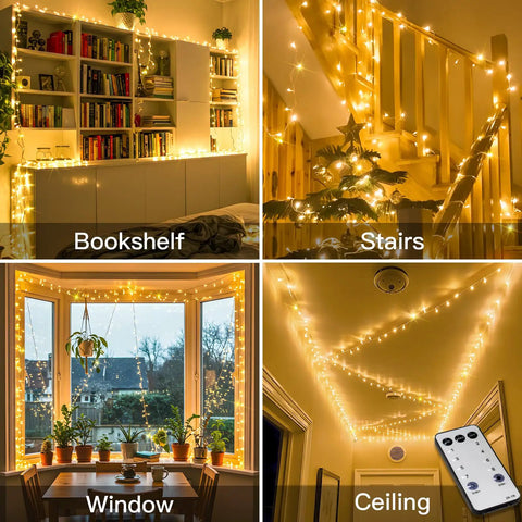 Indoor String Lights With Remote 33ft 100 LED Warm White Twinkle Fairy Lights on bookshelf, stairs, window, ceiling