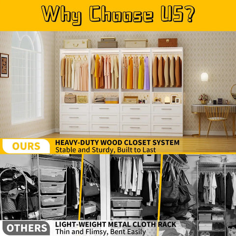 Modular Walk In Closet System with 4 Sets Extending 8 to 21 Feet Including 12 Spacious Drawers in stylish bedroom setup.
