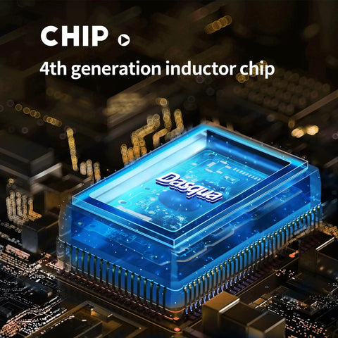 Close-up of a blue 4th generation inductor chip on a circuit board, labeled "Dasqua."