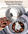 Close-up of detachable stainless steel conical burr from Precision Conical Burr Coffee Grinder With Smart Bluetooth Scale.