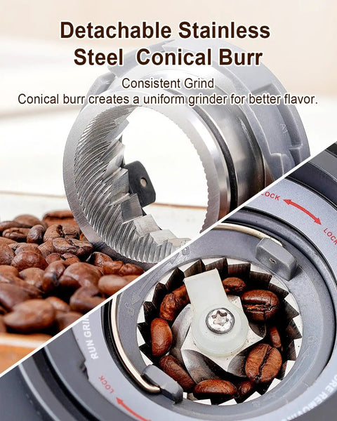 Close-up of detachable stainless steel conical burr from Precision Conical Burr Coffee Grinder With Smart Bluetooth Scale.