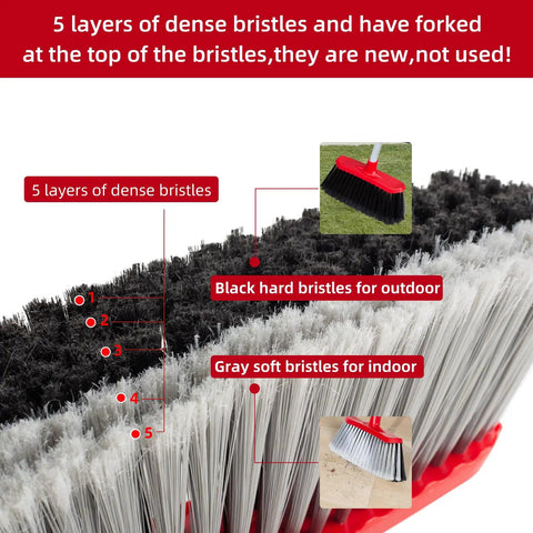 Double Sided Broom With Long Handle Heavy Duty Indoor Outdoor Workhorse For Pet Hair Dust And Debris 51 Inch Reach Ideal For Home Garage Courtyard Lobby Mall Market Floors, showing detailed bristles for indoor and outdoor use.