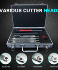 Open case showing Tungsten Carbide Wood Lathe Turning Tools Set With Quick Replacement Bits Full Size Rougher And Finisher Swan Neck