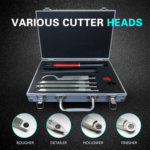 Open case showing Tungsten Carbide Wood Lathe Turning Tools Set With Quick Replacement Bits Full Size Rougher And Finisher Swan Neck